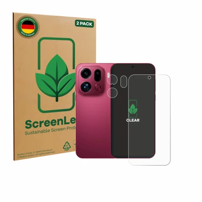 Vorderseite einer Produktverpackung mit dem Markenlogo ScreenLeaf. Daneben ist das Gerät Oppo Find X9 Pro (Display+Kamera) mit