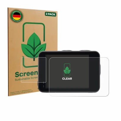 Vorderseite einer Produktverpackung mit dem Markenlogo ScreenLeaf. Daneben ist das Gerät Akaso Brave 7 mit dem zugehörigen Dis