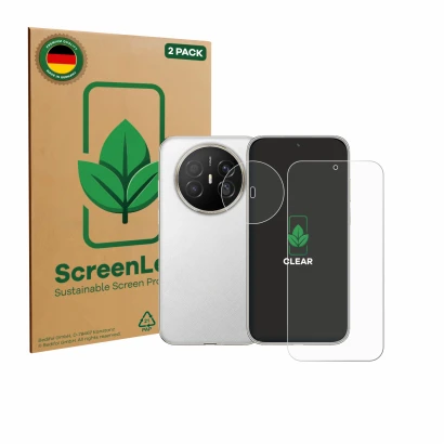 Vorderseite einer Produktverpackung mit dem Markenlogo ScreenLeaf. Daneben ist das Gerät Huawei Mate 70 Air (Display+Kamera) m