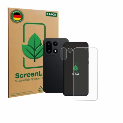 Vorderseite einer Produktverpackung mit dem Markenlogo ScreenLeaf. Daneben ist das Gerät OnePlus 15 (Display+Kamera) mit dem z