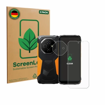 Vorderseite einer Produktverpackung mit dem Markenlogo ScreenLeaf. Daneben ist das Gerät Blackview Fort 1 (Display+Kamera) mit