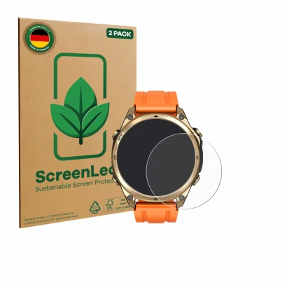 Vorderseite einer Produktverpackung mit dem Markenlogo ScreenLeaf. Daneben ist das Gerät Doogee Anywise W1 mit dem zugehörigen
