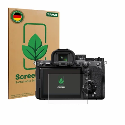 Vorderseite einer Produktverpackung mit dem Markenlogo ScreenLeaf. Daneben ist das Gerät Sony Alpha 7 V (ILCE-7M5) mit dem zug