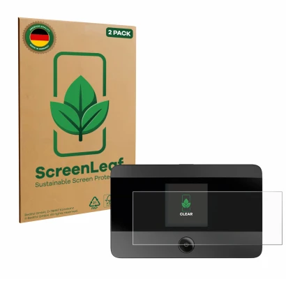 Vorderseite einer Produktverpackung mit dem Markenlogo ScreenLeaf. Daneben ist das Gerät TP-Link M7350 mit dem zugehörigen Dis