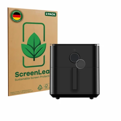 Vorderseite einer Produktverpackung mit dem Markenlogo ScreenLeaf. Daneben ist das Gerät Xiaomi Air Fryer 6.5 L mit dem zugehö