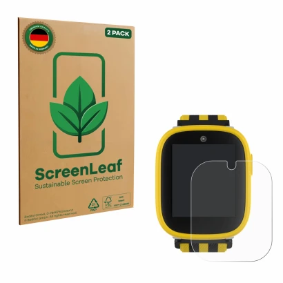 Vorderseite einer Produktverpackung mit dem Markenlogo ScreenLeaf. Daneben ist das Gerät Xplora X6 Play BVB-Edition mit dem zu