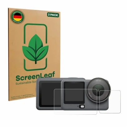 Vorderseite einer Produktverpackung mit dem Markenlogo ScreenLeaf. Daneben ist das Gerät DJI Osmo Action 6 mit dem zugehörigen