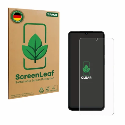 Vorderseite einer Produktverpackung mit dem Markenlogo ScreenLeaf. Daneben ist das Gerät Honor X5c Plus mit dem zugehörigen Di