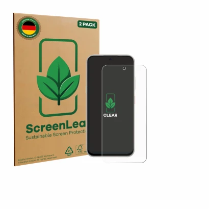 Vorderseite einer Produktverpackung mit dem Markenlogo ScreenLeaf. Daneben ist das Gerät Nubia V80 Pro mit dem zugehörigen Dis