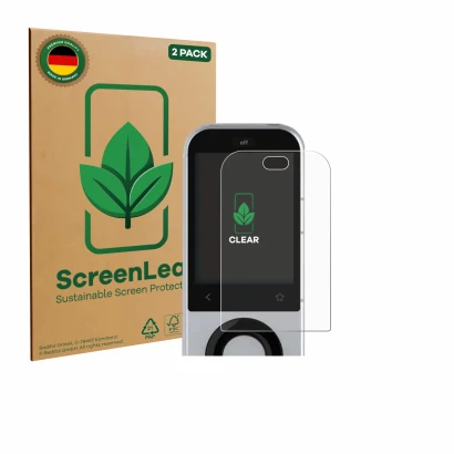 Vorderseite einer Produktverpackung mit dem Markenlogo ScreenLeaf. Daneben ist das Gerät Sofabaton X2 mit dem zugehörigen Disp