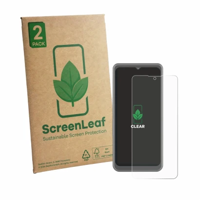 Vorderseite einer Produktverpackung mit dem Markenlogo ScreenLeaf. Daneben ist das Gerät Sonim XP Pro Thermal mit dem zugehöri