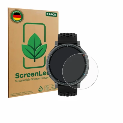 Vorderseite einer Produktverpackung mit dem Markenlogo ScreenLeaf. Daneben ist das Gerät Amazfit Active Max mit dem zugehörige