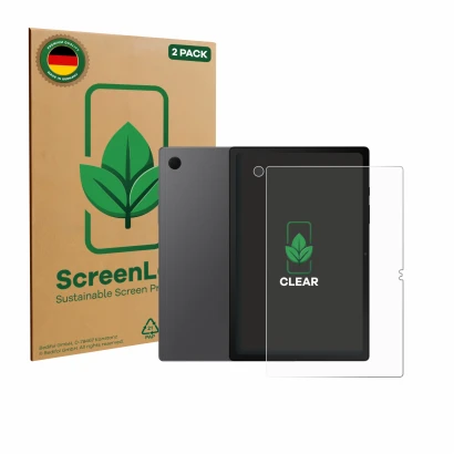 Vorderseite einer Produktverpackung mit dem Markenlogo ScreenLeaf. Daneben ist das Gerät Samsung Galaxy Tab A8 (Display+Kamera