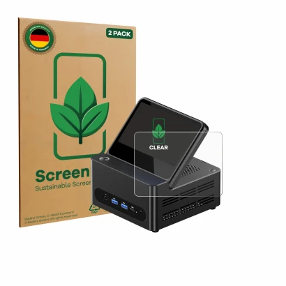 Vorderseite einer Produktverpackung mit dem Markenlogo ScreenLeaf. Daneben ist das Gerät AOOSTAR ‎G-FLIP H255 mit dem zugehöri