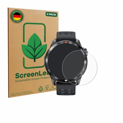 Vorderseite einer Produktverpackung mit dem Markenlogo ScreenLeaf. Daneben ist das Gerät Xiaomi Mibro GS Pro 2 mit dem zugehör