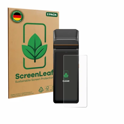 Vorderseite einer Produktverpackung mit dem Markenlogo ScreenLeaf. Daneben ist das Gerät Sunmi V3 A13 mit dem zugehörigen Disp