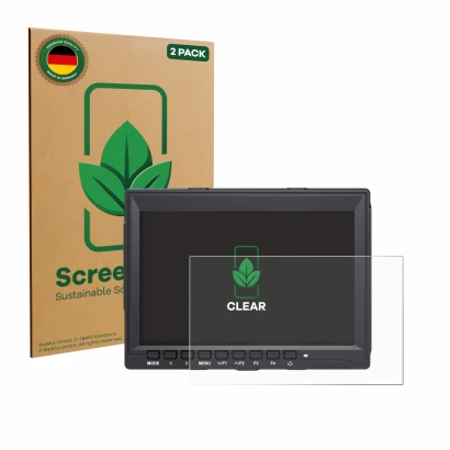Vorderseite einer Produktverpackung mit dem Markenlogo ScreenLeaf. Daneben ist das Gerät Feelworld FW759 7" mit dem zugehörige