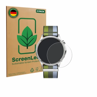 Vorderseite einer Produktverpackung mit dem Markenlogo ScreenLeaf. Daneben ist das Gerät Oppo Watch S mit dem zugehörigen Disp