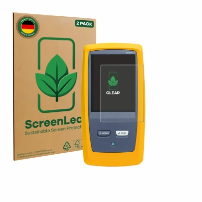 Vorderseite einer Produktverpackung mit dem Markenlogo ScreenLeaf. Daneben ist das Gerät Fluke DSX8000 mit dem zugehörigen Dis