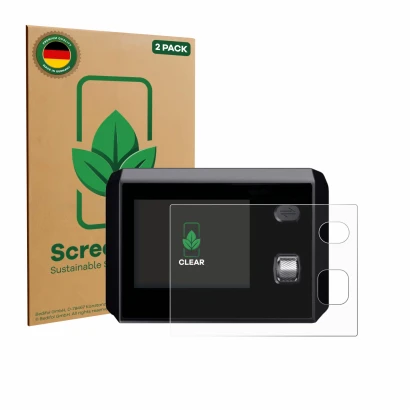 Vorderseite einer Produktverpackung mit dem Markenlogo ScreenLeaf. Daneben ist das Gerät SkyRC MC5000 mit dem zugehörigen Disp