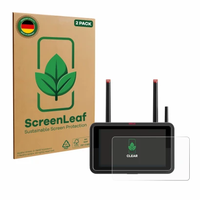 Vorderseite einer Produktverpackung mit dem Markenlogo ScreenLeaf. Daneben ist das Gerät Atomos Ninja TX mit dem zugehörigen D