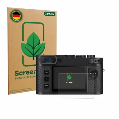 Vorderseite einer Produktverpackung mit dem Markenlogo ScreenLeaf. Daneben ist das Gerät Leica M EV1 mit dem zugehörigen Displ