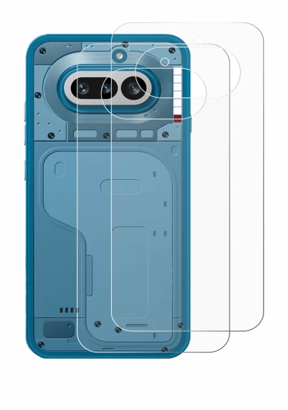 Abbildung des Geräts Nothing Phone (4a) (Rückseite) mit einer Vielzahl des Displayschutzes.