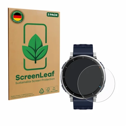 Vorderseite einer Produktverpackung mit dem Markenlogo ScreenLeaf. Daneben ist das Gerät Amazfit Active 3 Premium mit dem zuge
