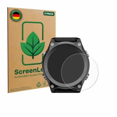 Vorderseite einer Produktverpackung mit dem Markenlogo ScreenLeaf. Daneben ist das Gerät Mares Sirius mit dem zugehörigen Disp