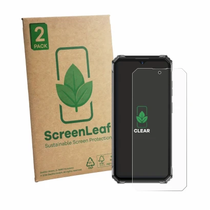 Vorderseite einer Produktverpackung mit dem Markenlogo ScreenLeaf. Daneben ist das Gerät Oukitel G7 mit dem zugehörigen Displa