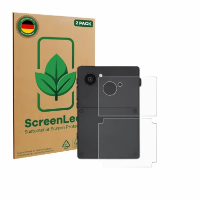 Vorderseite einer Produktverpackung mit dem Markenlogo ScreenLeaf. Daneben ist das Gerät Light Phone 3 (Rückseite) mit dem zug
