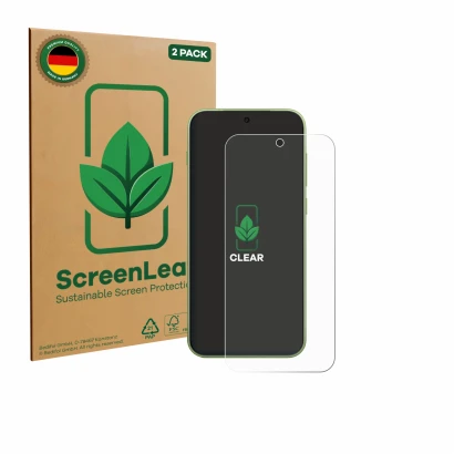 Vorderseite einer Produktverpackung mit dem Markenlogo ScreenLeaf. Daneben ist das Gerät OnePlus 15T mit dem zugehörigen Displ