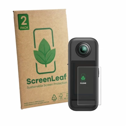 Vorderseite einer Produktverpackung mit dem Markenlogo ScreenLeaf. Daneben ist das Gerät Akaso 360 mit dem zugehörigen Display