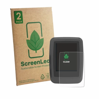 Vorderseite einer Produktverpackung mit dem Markenlogo ScreenLeaf. Daneben ist das Gerät Ananda D16 TFT-Display mit dem zugehö