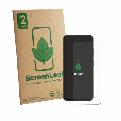 Vorderseite einer Produktverpackung mit dem Markenlogo ScreenLeaf. Daneben ist das Gerät Realme C73 mit dem zugehörigen Displa