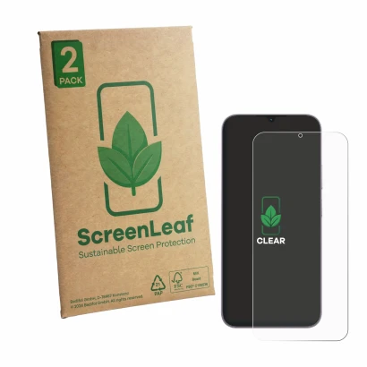 Vorderseite einer Produktverpackung mit dem Markenlogo ScreenLeaf. Daneben ist das Gerät realme C100i mit dem zugehörigen Disp