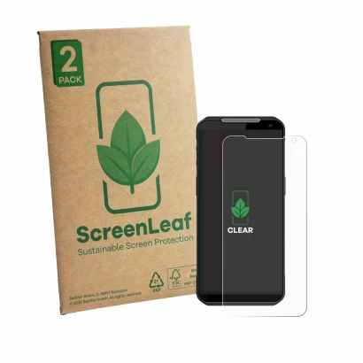 Vorderseite einer Produktverpackung mit dem Markenlogo ScreenLeaf. Daneben ist das Gerät Point Mobile MF52 mit dem zugehörigen