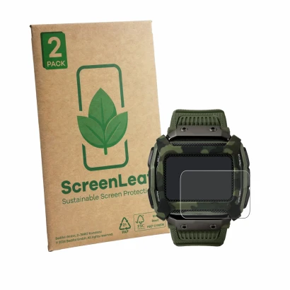 Vorderseite einer Produktverpackung mit dem Markenlogo ScreenLeaf. Daneben ist das Gerät Timex Command Shock mit dem zugehörig