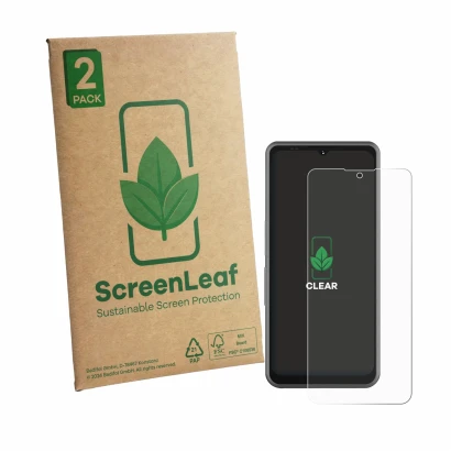 Vorderseite einer Produktverpackung mit dem Markenlogo ScreenLeaf. Daneben ist das Gerät Sonim XP Pro E mit dem zugehörigen Di