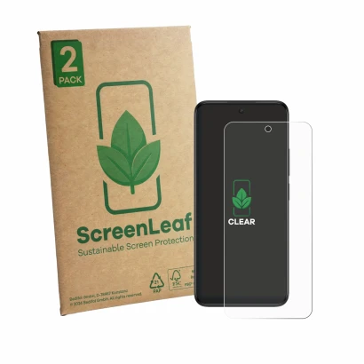 Vorderseite einer Produktverpackung mit dem Markenlogo ScreenLeaf. Daneben ist das Gerät TCL 605 mit dem zugehörigen Displaysc