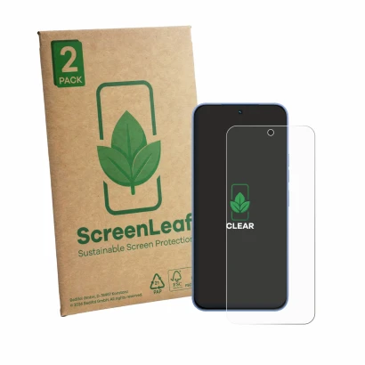 Vorderseite einer Produktverpackung mit dem Markenlogo ScreenLeaf. Daneben ist das Gerät Tecno Spark 50 Pro mit dem zugehörige