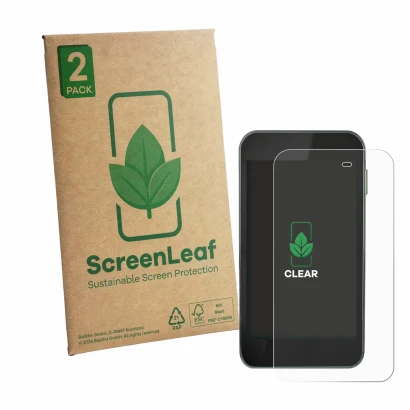 Vorderseite einer Produktverpackung mit dem Markenlogo ScreenLeaf. Daneben ist das Gerät Equil Patch 200U mit dem zugehörigen 