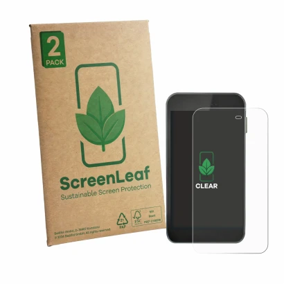 Vorderseite einer Produktverpackung mit dem Markenlogo ScreenLeaf. Daneben ist das Gerät Equil S Patch 300U mit dem zugehörige