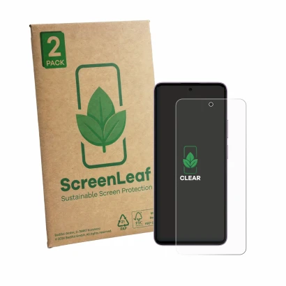 Vorderseite einer Produktverpackung mit dem Markenlogo ScreenLeaf. Daneben ist das Gerät HMD Crest 2 mit dem zugehörigen Displ