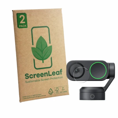 Vorderseite einer Produktverpackung mit dem Markenlogo ScreenLeaf. Daneben ist das Gerät Insta360 Link 2 (Linse) mit dem zugeh