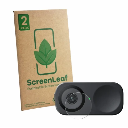 Vorderseite einer Produktverpackung mit dem Markenlogo ScreenLeaf. Daneben ist das Gerät Insta360 Link 2C (Linse) mit dem zuge