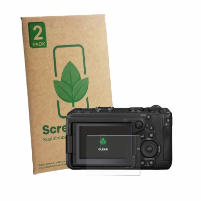 Vorderseite einer Produktverpackung mit dem Markenlogo ScreenLeaf. Daneben ist das Gerät Canon EOS R6 V mit dem zugehörigen Di