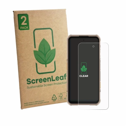 Vorderseite einer Produktverpackung mit dem Markenlogo ScreenLeaf. Daneben ist das Gerät Ulefone RugOne Xever 8 mit dem zugehö