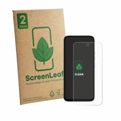 Vorderseite einer Produktverpackung mit dem Markenlogo ScreenLeaf. Daneben ist das Gerät Tecno Spark 50 4G mit dem zugehörigen