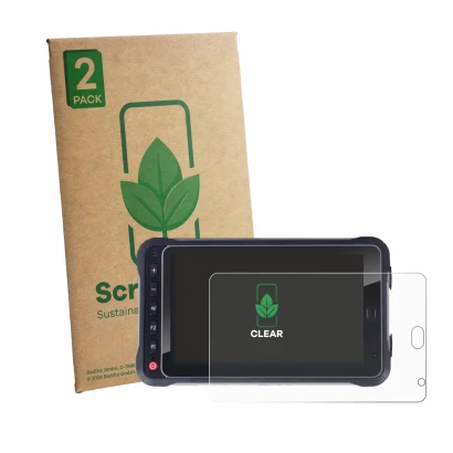 Vorderseite einer Produktverpackung mit dem Markenlogo ScreenLeaf. Daneben ist das Gerät Hugerock X72 mit dem zugehörigen Disp